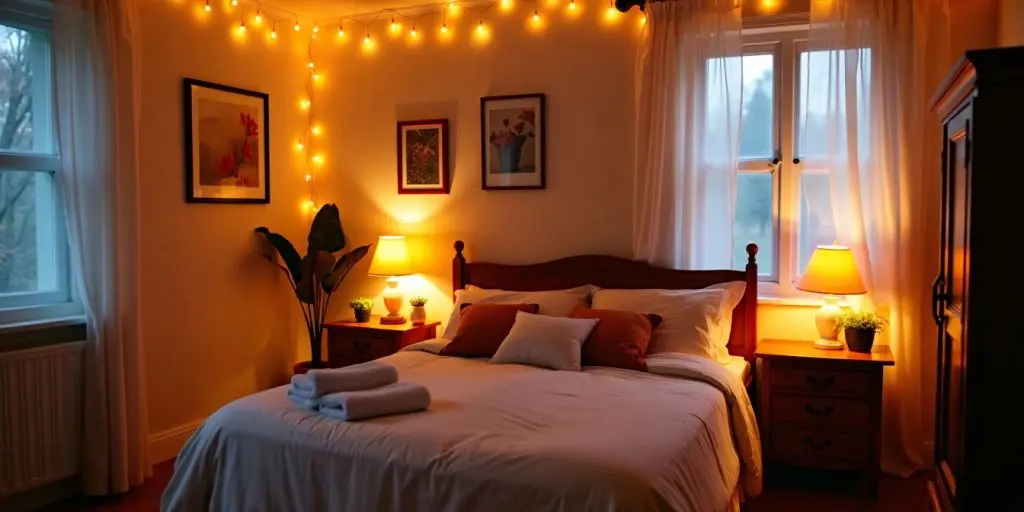 A cozy bedroom with warm ambient lighting and comfortable bedding